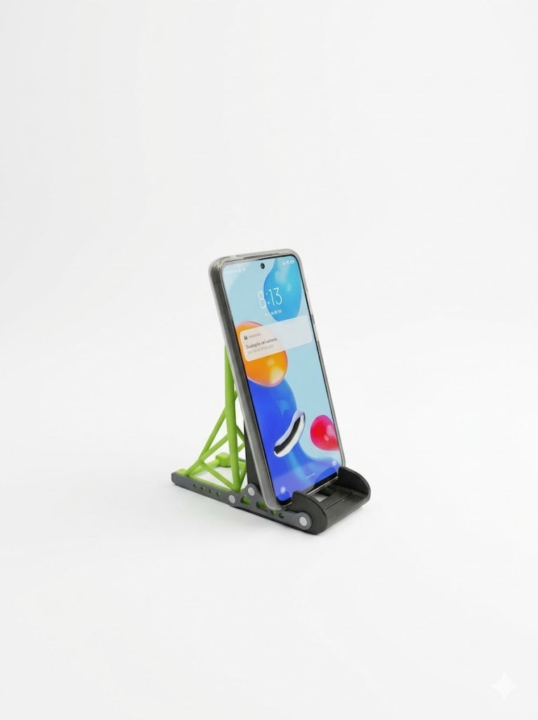 Phone on a stand with a white background