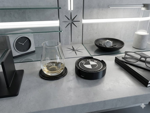 BMW inspired coaster set close up detail desk accessory UK