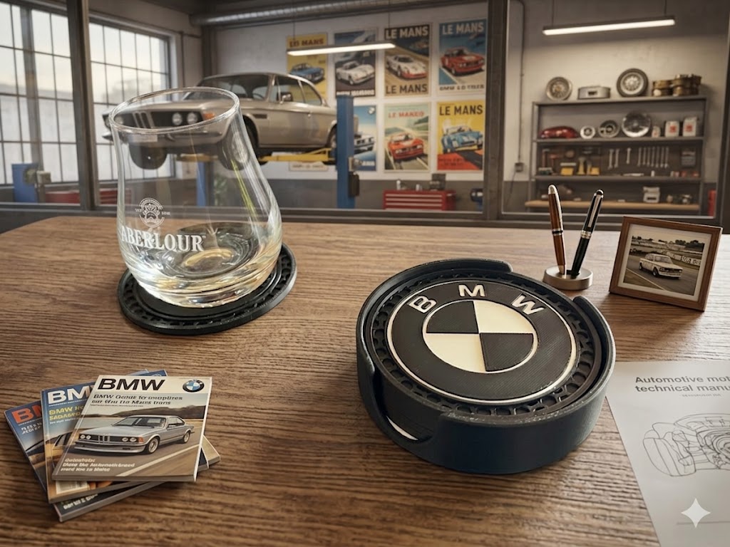 Bimmer Brew Shields BMW logo coaster set car enthusiast gift UK