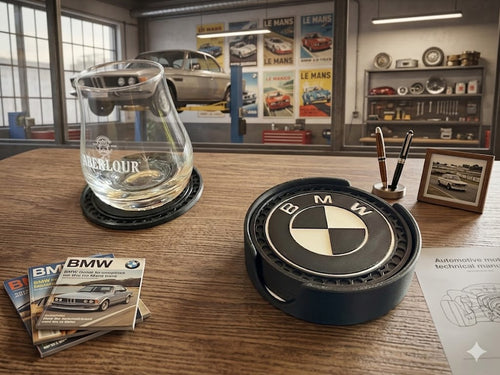 Bimmer Brew Shields BMW logo coaster set car enthusiast gift UK