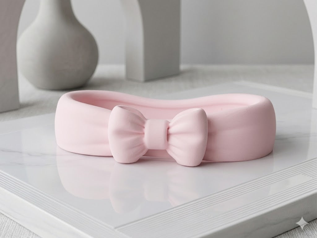 Minimalist white vanity tray with decorative bow for dressing table storage