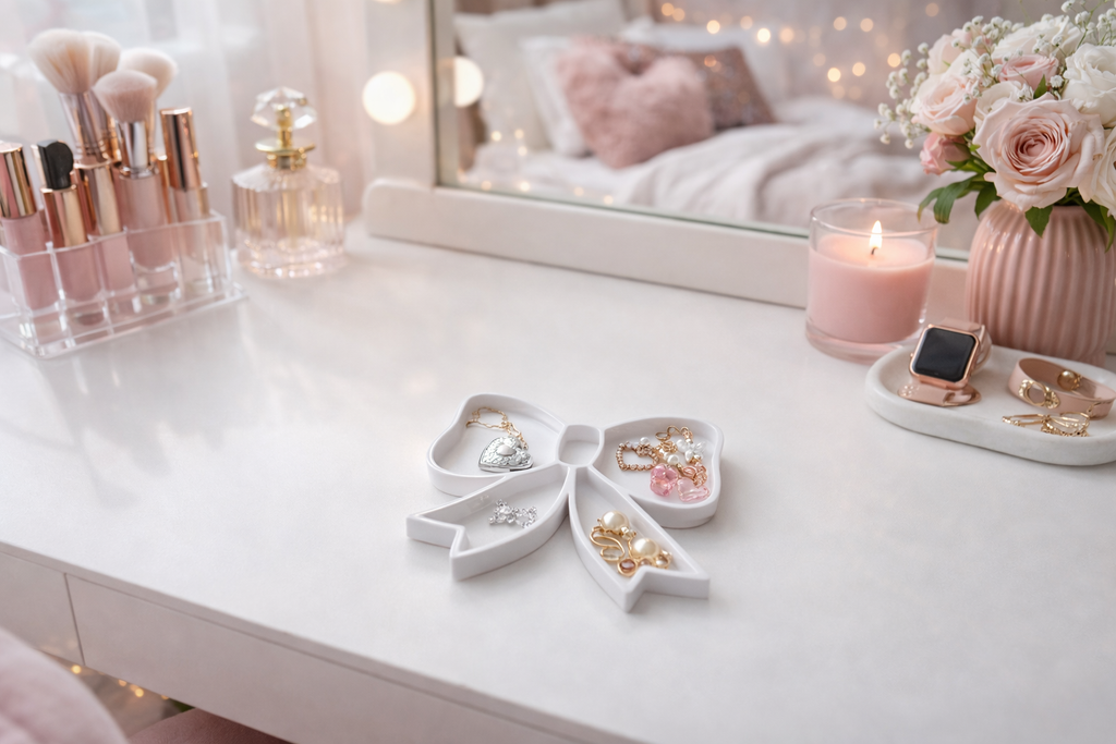 Blush Bow organiser tray novelty bow shaped desk tray gift UK