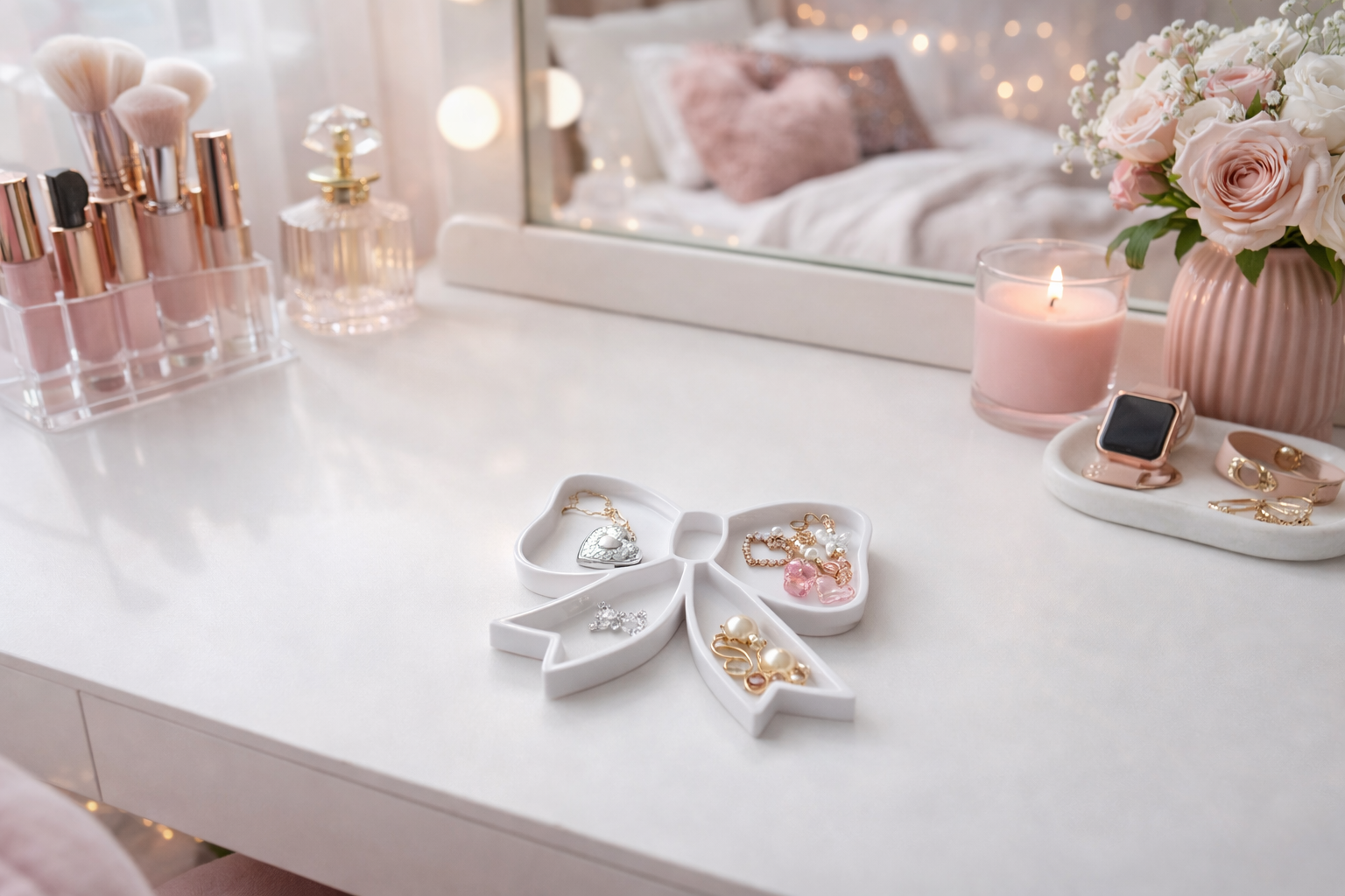 Blush Bow organiser tray novelty bow shaped desk tray gift UK