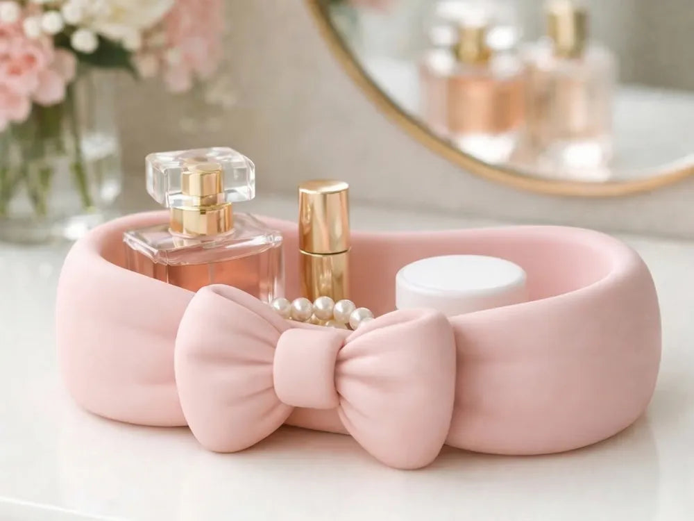 LuxeBow vanity tray in white with bow detail on a clean minimalist surface