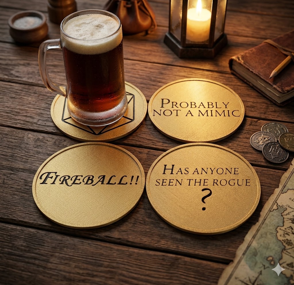 QuestMaster Tavern DnD coaster set 4 with holder tabletop gaming gift UK