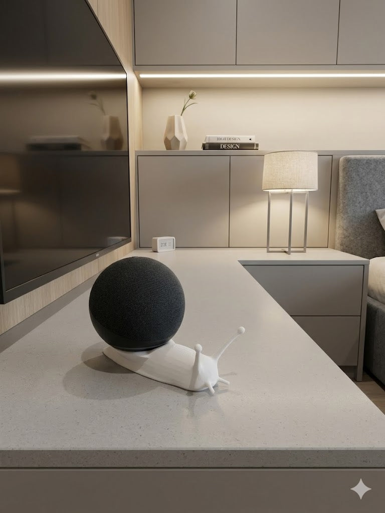Echo Dot snail stand close up detail novelty desk accessory UK