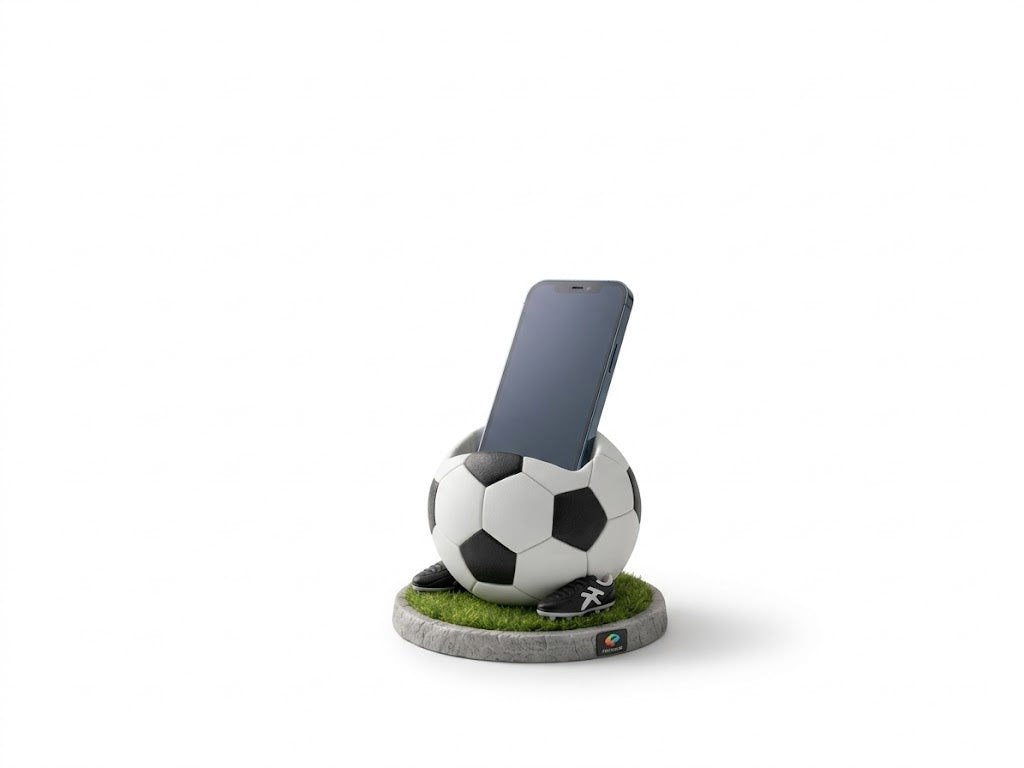 Soccer ball phone stand with a smartphone on a white background