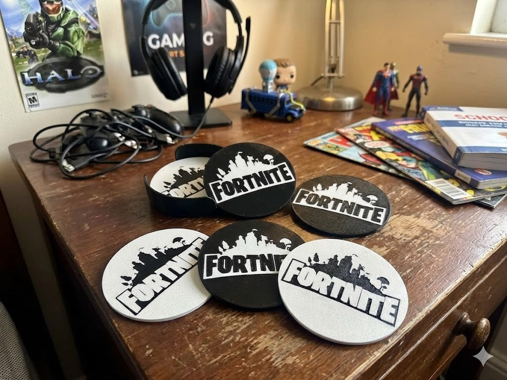 Gaming themed coaster set close up detail gamer gift UK