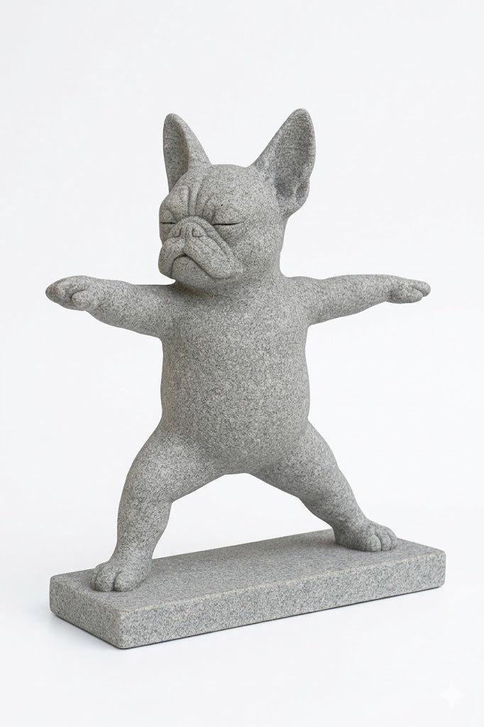 White French Bulldog yoga warrior pose figurine on rectangular base, 3D printed sculpture