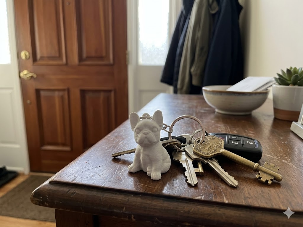 Set of keys with a dog-shaped keychain on a wooden surface, with a door and clothing in the background.
