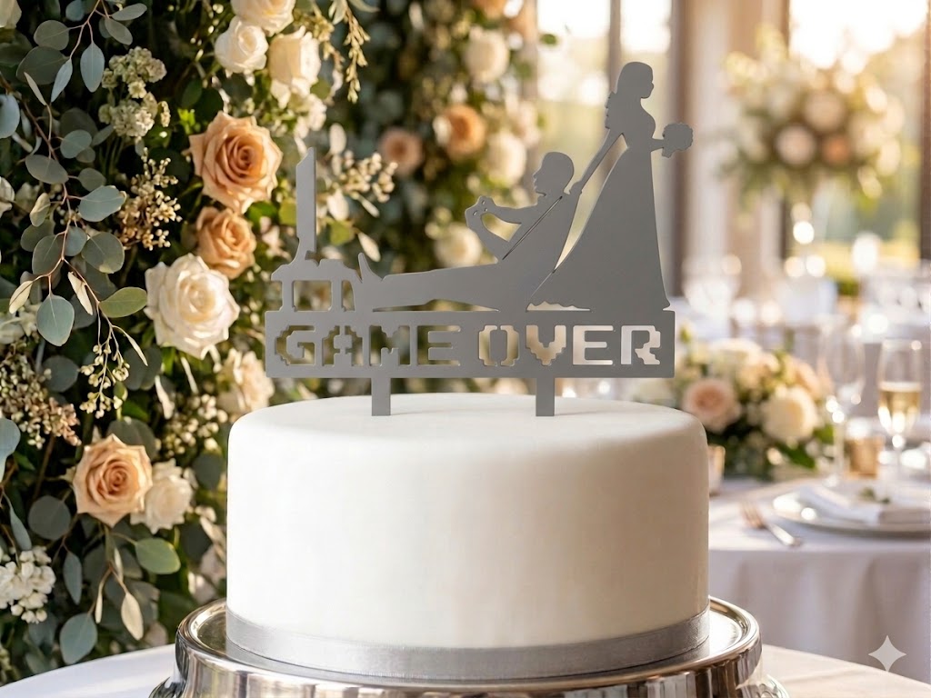 Game Over cake topper close up detail novelty wedding gift UK