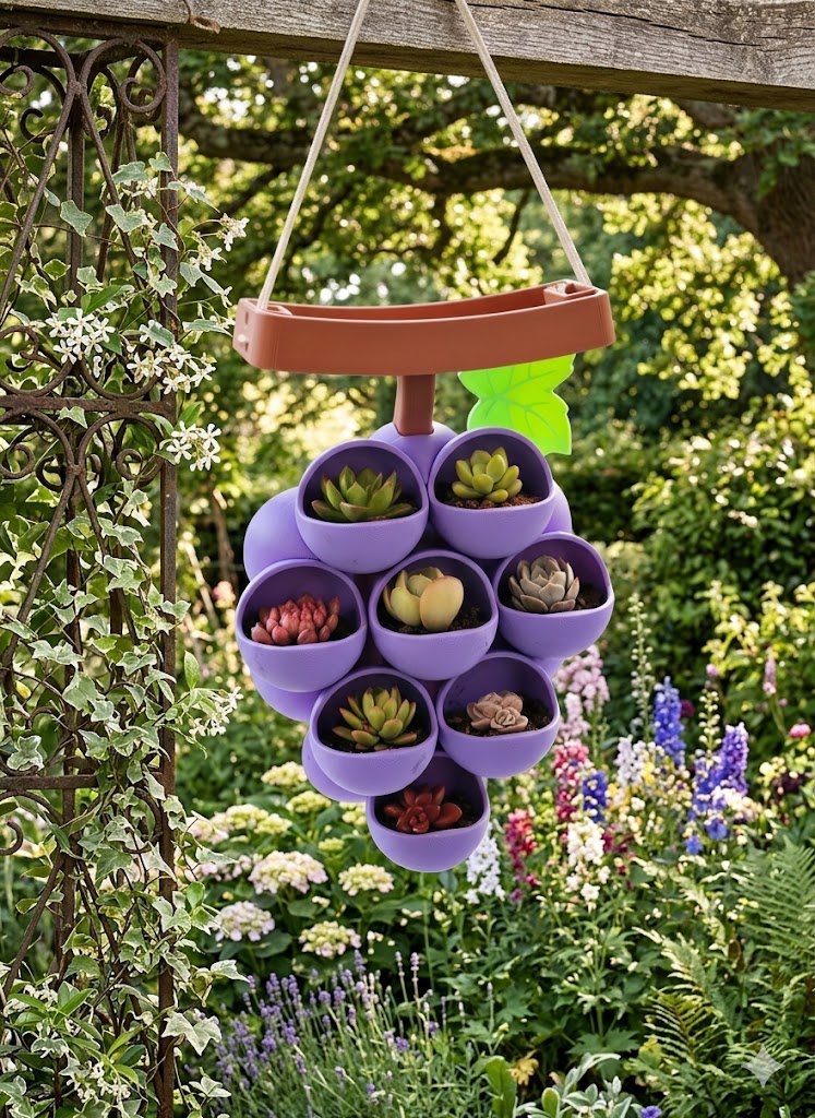 Hanging plant holder with succulents in a garden setting