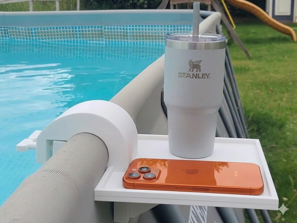 PoolSide clip tray attached to pool edge – drinks and phone holder by 3DESIGN
