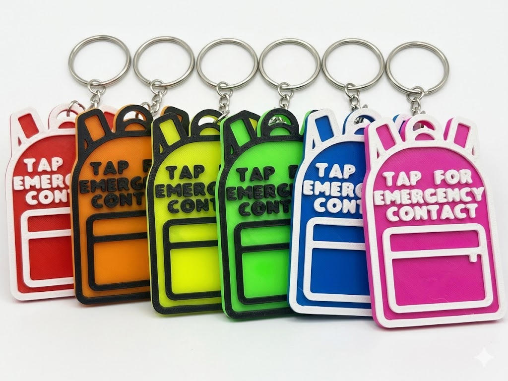 NFC school bag safety tag close up detail child accessory UK