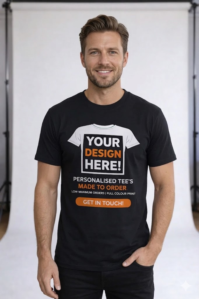 Man wearing a personalised custom design t-shirt – UK printed by 3DESIGN