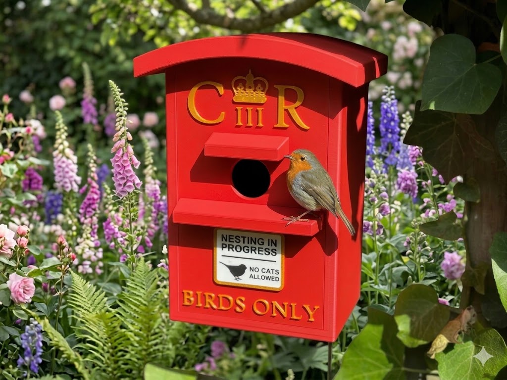 Royal Post birdhouse in garden – novelty postbox bird house UK
