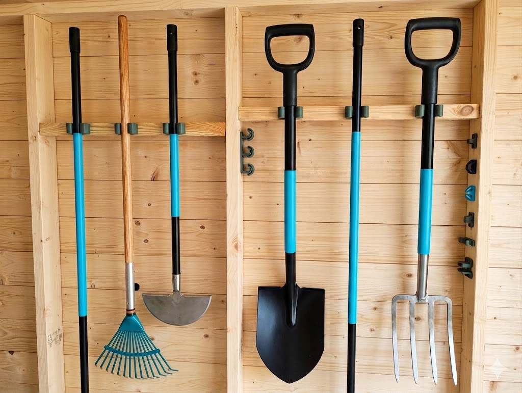Set of gardening tools including shovels, rakes, and forks mounted on a wooden wall.