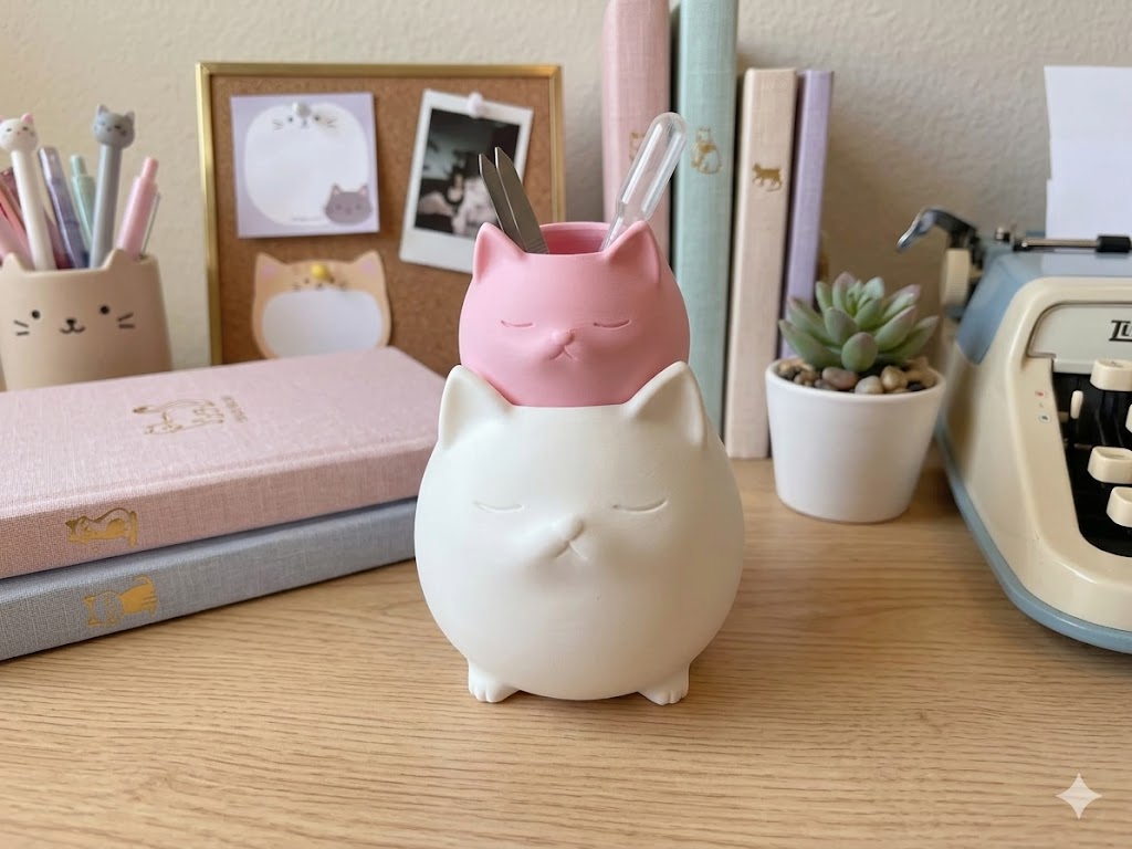 Sleepy cat desk organiser close up detail novelty gift UK