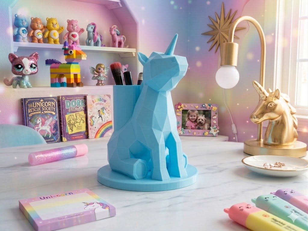 Unicorn desk organiser close up detail novelty stationery gift UK